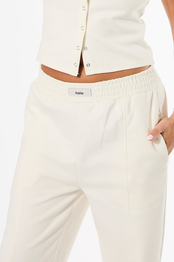 Kaiia Label Logo Premium Interlock Seam Detail Wide Leg Joggers Cream