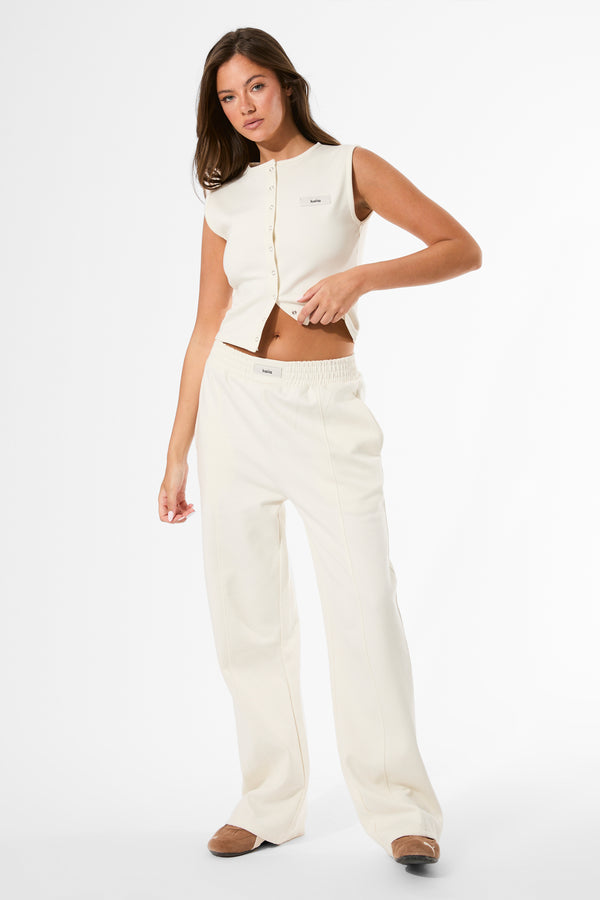 Kaiia Label Logo Premium Interlock Seam Detail Wide Leg Joggers Cream