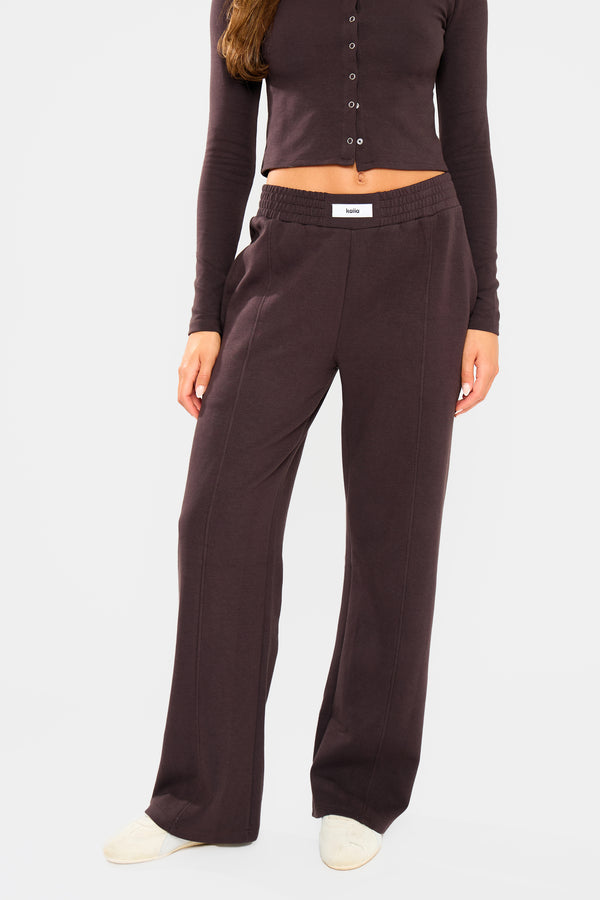 Kaiia Label Logo Premium Interlock Seam Detail Wide Leg Joggers Dark Brown