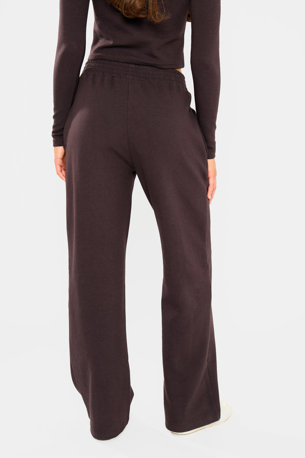 Kaiia Label Logo Premium Interlock Seam Detail Wide Leg Joggers Dark Brown