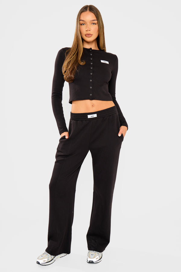 Kaiia Label Logo Premium Interlock Seam Detail Wide Leg Joggers Black