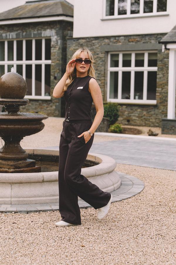 Kaiia Label Logo Premium Interlock Wide Leg Joggers Brown