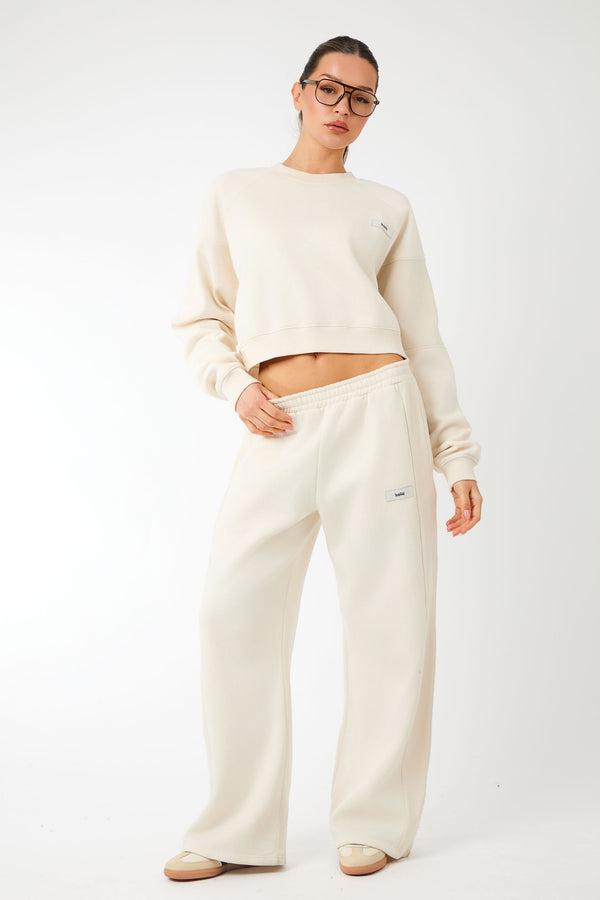 Kaiia Label Logo Rib Panel Cropped Oversized Sweatshirt Cream