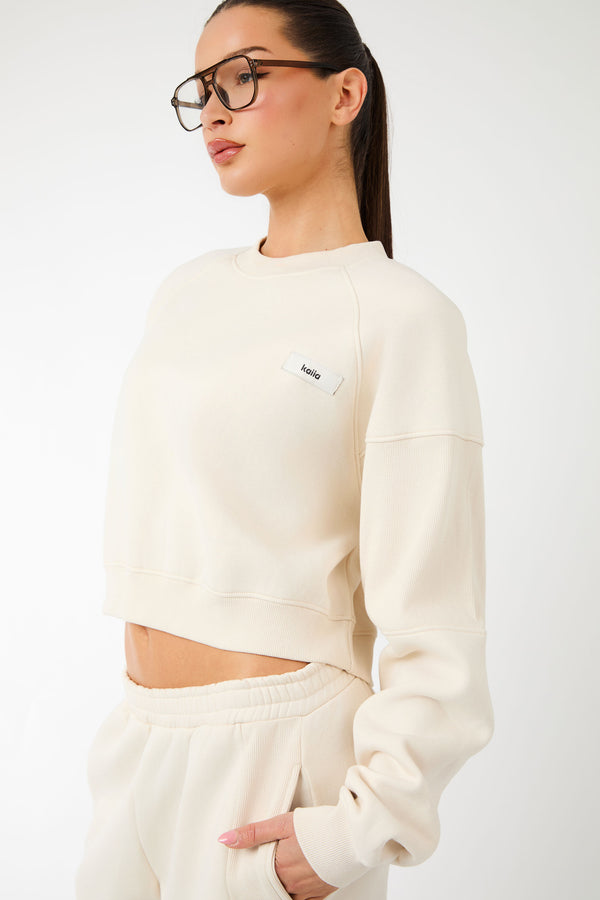 Kaiia Label Logo Rib Panel Cropped Oversized Sweatshirt Cream