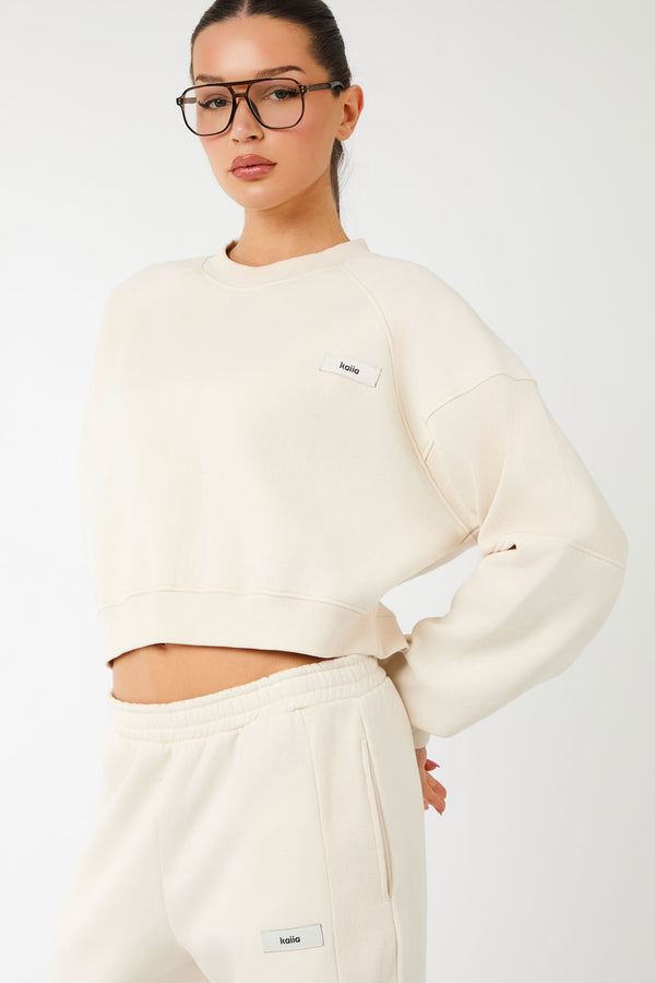 Kaiia Label Logo Rib Panel Cropped Oversized Sweatshirt Cream