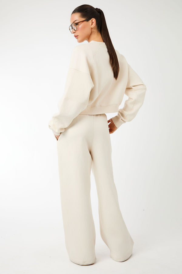 Kaiia Label Logo Rib Panel Wide Leg Joggers Cream