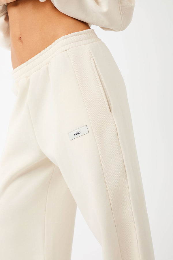 Kaiia Label Logo Rib Panel Wide Leg Joggers Cream