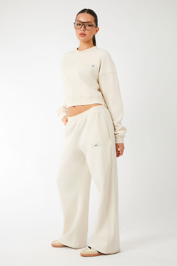 Kaiia Label Logo Rib Panel Wide Leg Joggers Cream