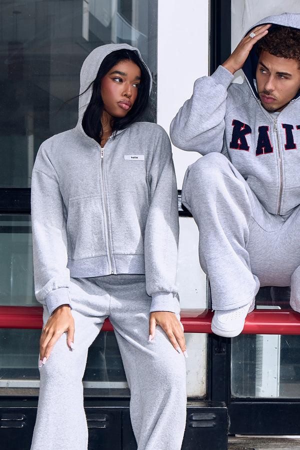 Kaiia Label Logo Supersoft Cropped Zip Through Hoodie Grey Marl