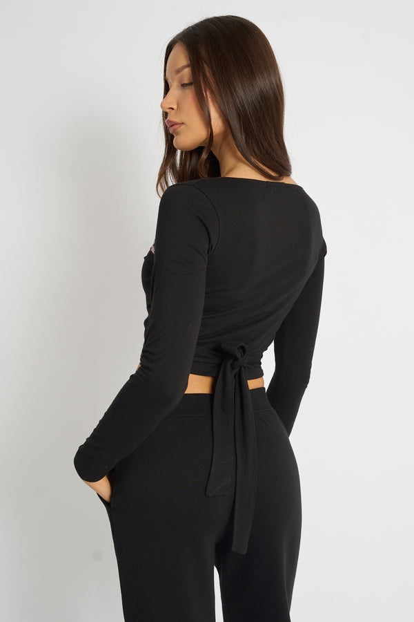 Kaiia Lace Trim Wrap Long Sleeve Top Black