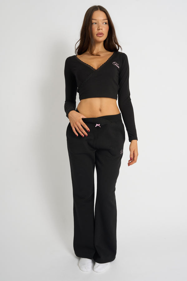 Kaiia Lace Trim Wrap Long Sleeve Top Black