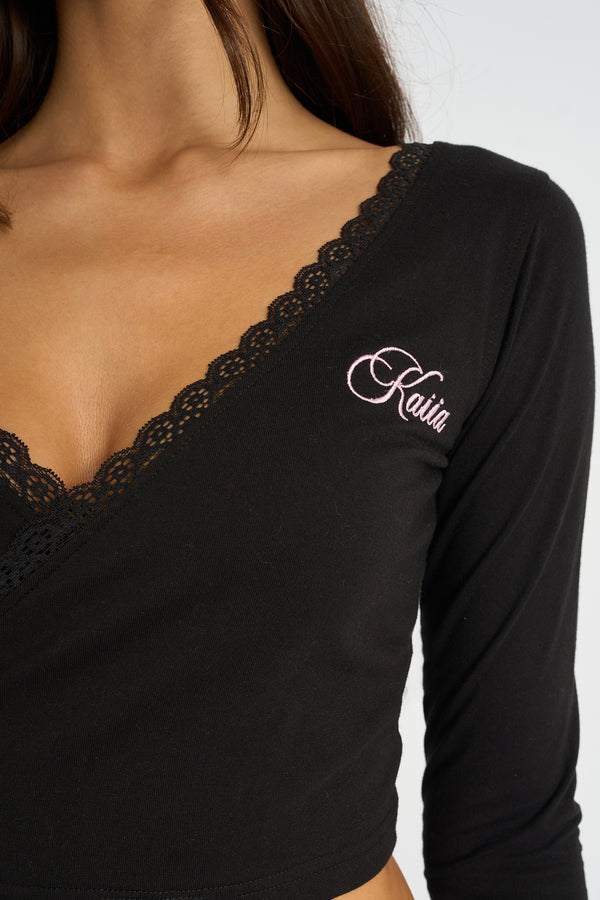 Kaiia Lace Trim Wrap Long Sleeve Top Black