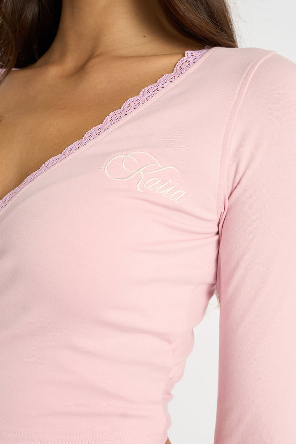 Kaiia Lace Trim Wrap Long Sleeve Top Pink