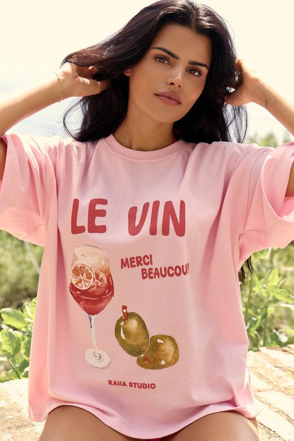 Kaiia Le Vin Graphic Oversized T-Shirt Baby Pink