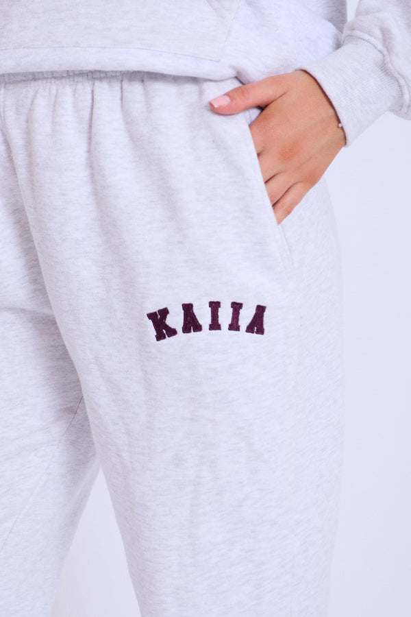 Kaiia Logo Cuffed Joggers Light Grey Marl With Burgundy