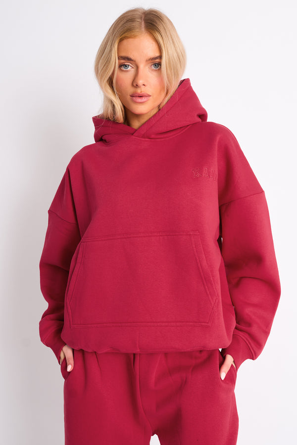 Kaiia Logo Embossed Oversized Hoodie Berry Red