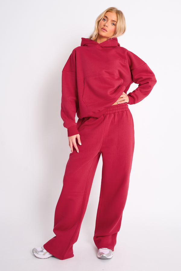 Kaiia Logo Embossed Oversized Hoodie Berry Red