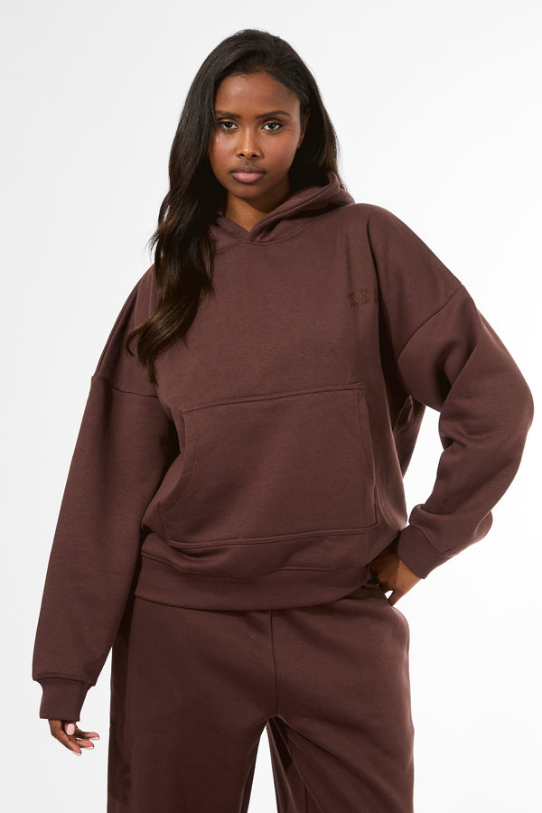 Kaiia Logo Embossed Oversized Hoodie Mocha
