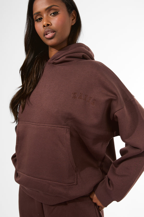 Kaiia Logo Embossed Oversized Hoodie Mocha