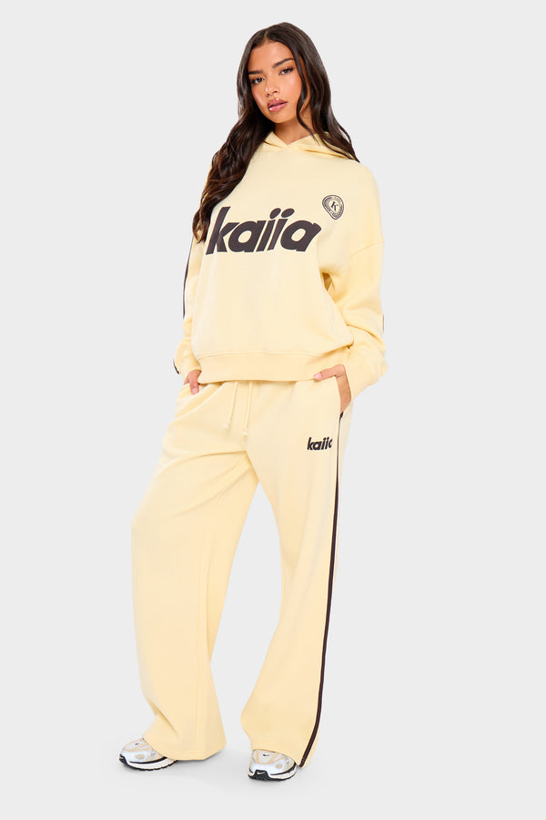 Kaiia Logo Side Stripe Wide Leg Joggers Lemon & Brown