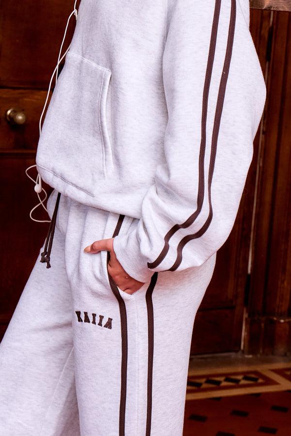 Kaiia Logo Side Stripe Wide Leg Joggers Light Grey Marl & Brown