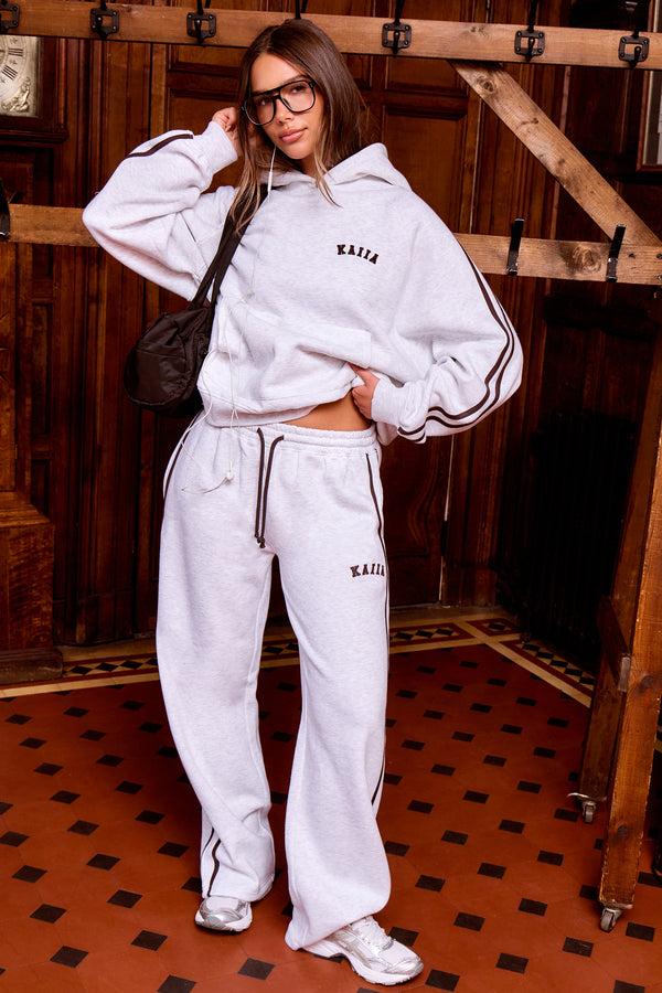 Kaiia Logo Side Stripe Wide Leg Joggers Light Grey Marl & Brown