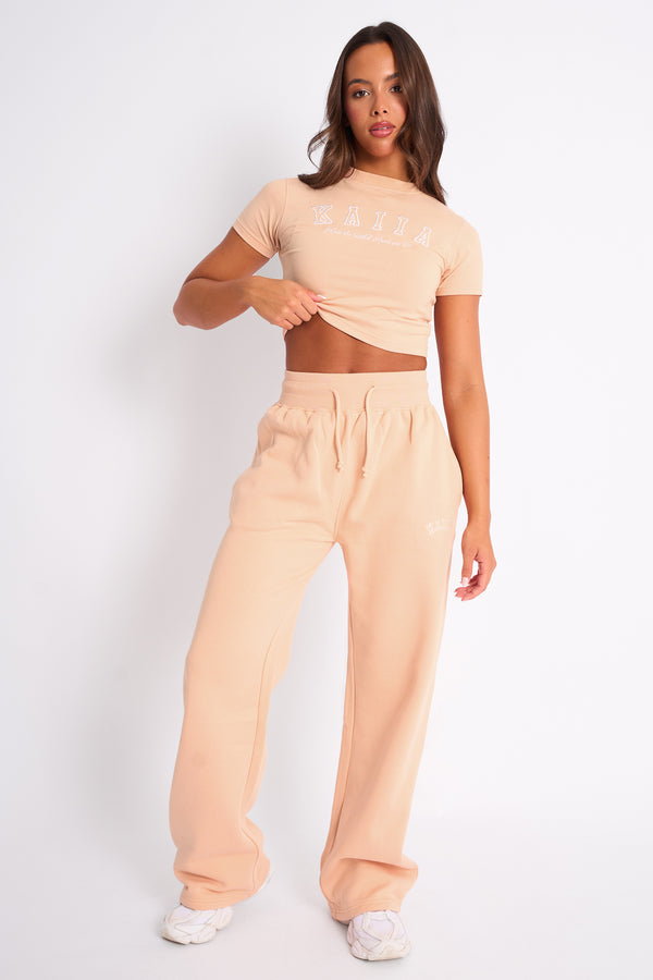 Kaiia Logo Wide Leg Joggers Apricot