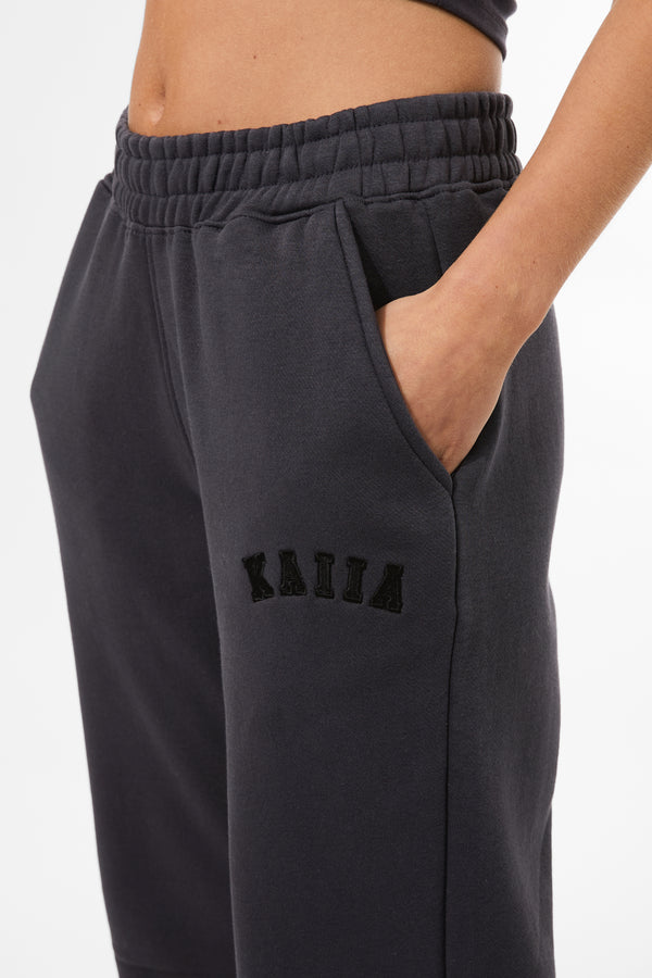 Kaiia Logo Wide Leg Sweat Pants In Dark Grey