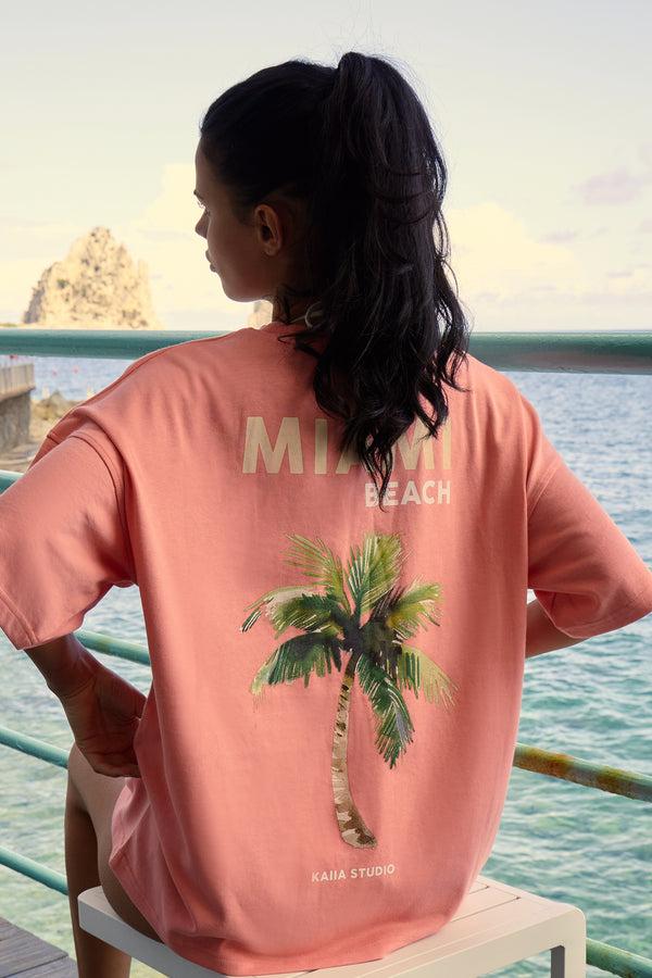 Kaiia Miami Beach Back Graphic Oversized T-Shirt Bright Coral