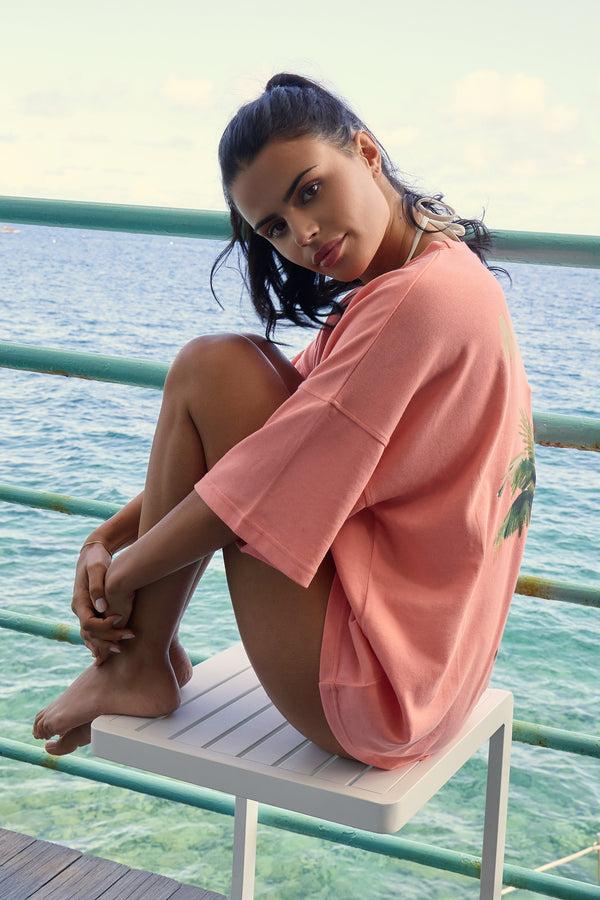 Kaiia Miami Beach Back Graphic Oversized T-Shirt Bright Coral