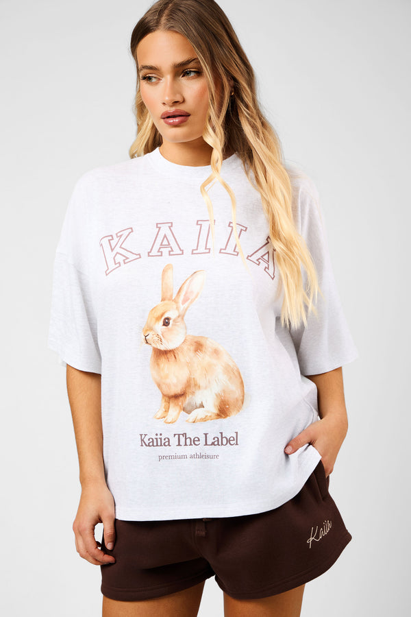 Kaiia Oversized Bunny Graphic T-Shirt Light Grey Marl