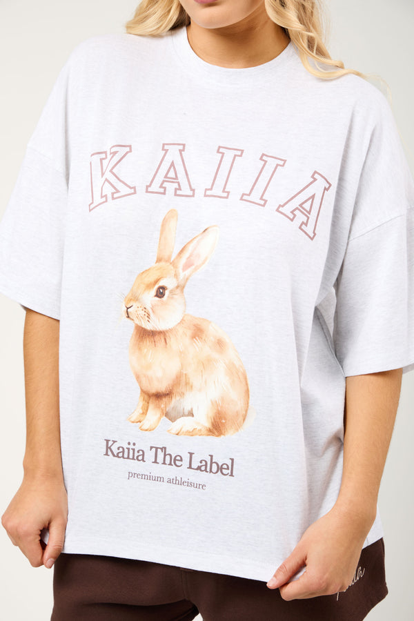 Kaiia Oversized Bunny Graphic T-Shirt Light Grey Marl