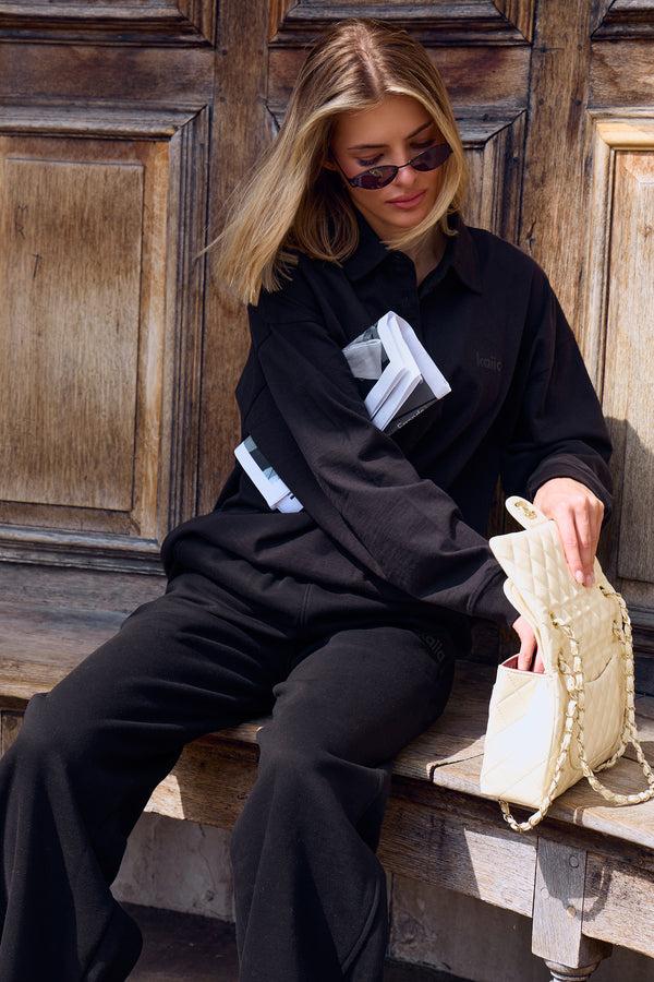 Kaiia Oversized Cotton Polo Top Black