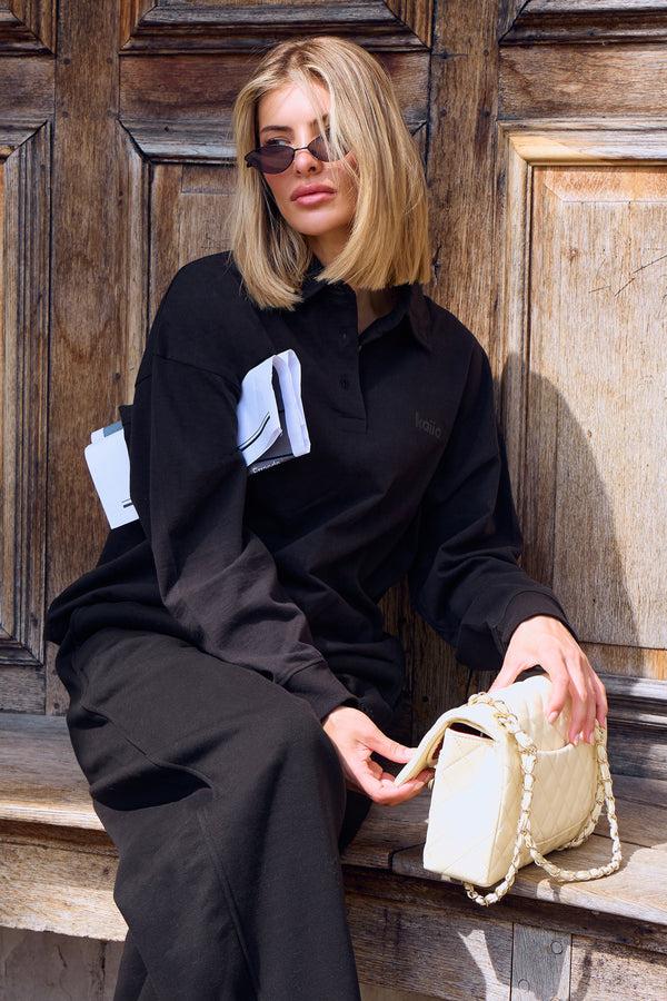 Kaiia Oversized Cotton Polo Top Black