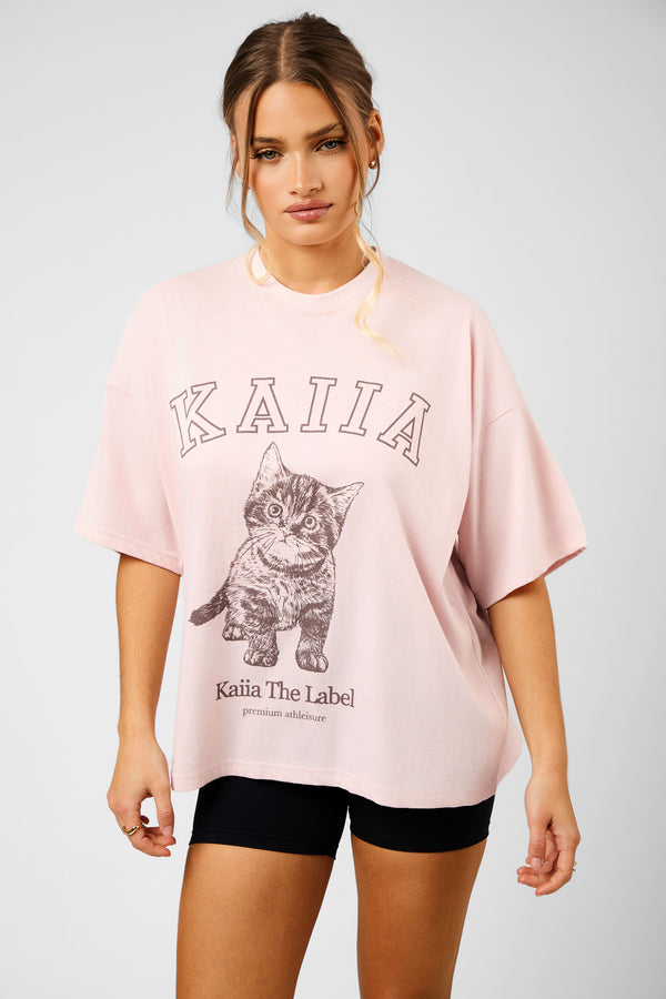 Kaiia Oversized Kitten Graphic T-Shirt Dusty Pink