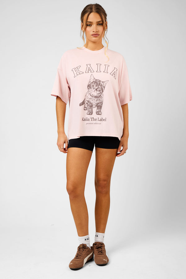 Kaiia Oversized Kitten Graphic T-Shirt Dusty Pink