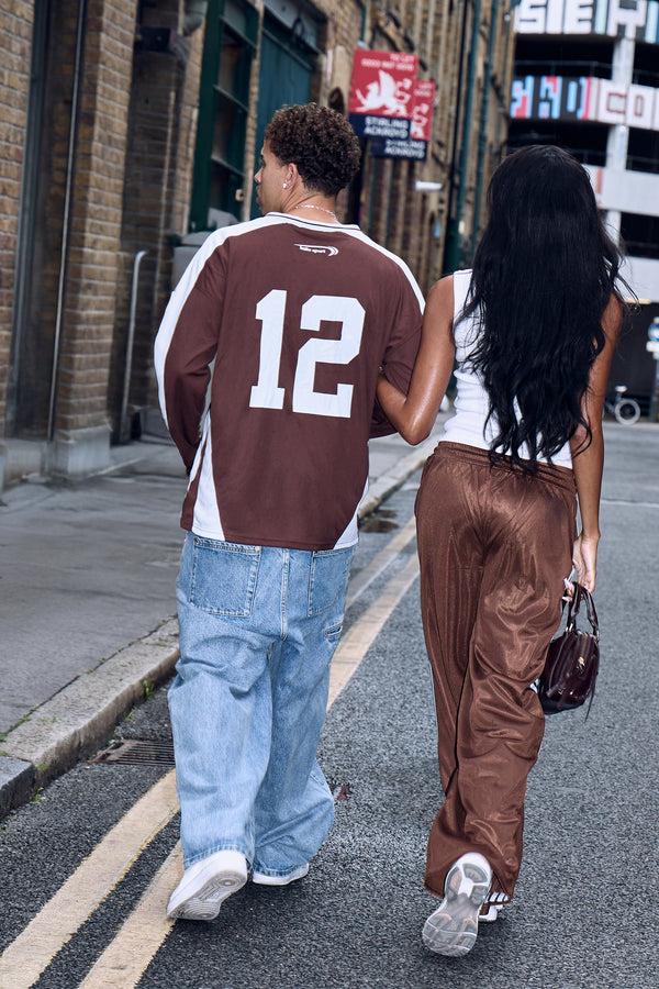 Kaiia Oversized Long Sleeve Football Shirt Brown & Baby Blue