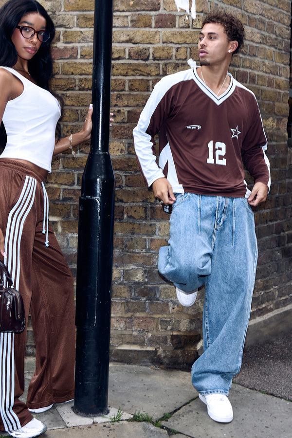 Kaiia Oversized Long Sleeve Football Shirt Brown & Baby Blue