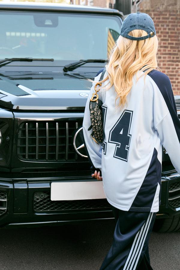 Kaiia Oversized Long Sleeve Football Top Baby Blue & Navy