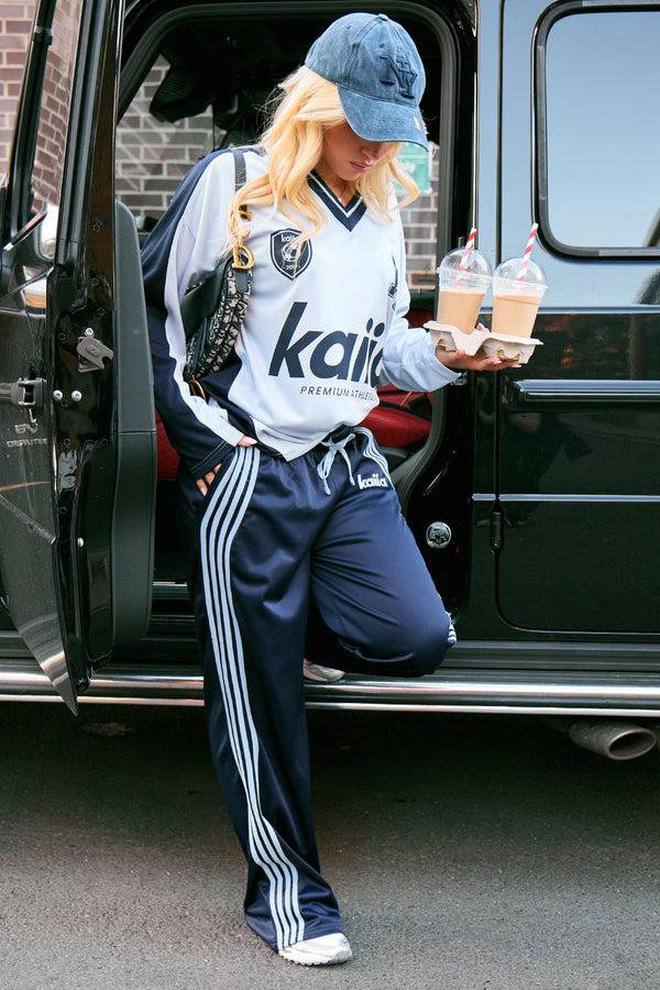 Kaiia Oversized Long Sleeve Football Top Baby Blue & Navy