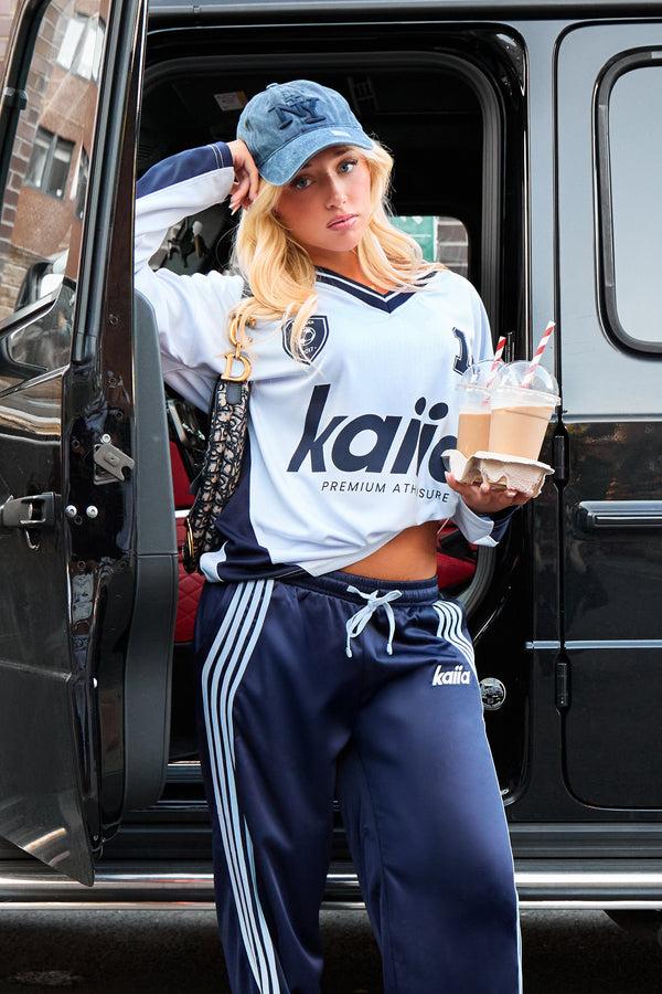 Kaiia Oversized Long Sleeve Football Top Baby Blue & Navy