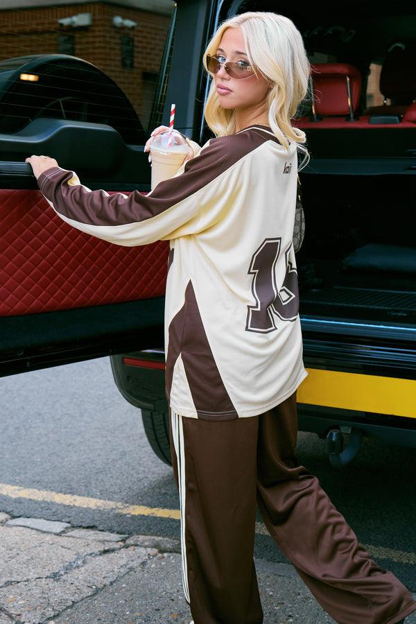 Kaiia Oversized Long Sleeve Football Top Soft Lemon & Chocolate