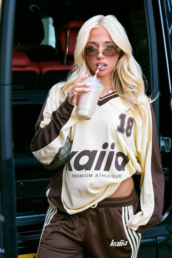 Kaiia Oversized Long Sleeve Football Top Soft Lemon & Chocolate