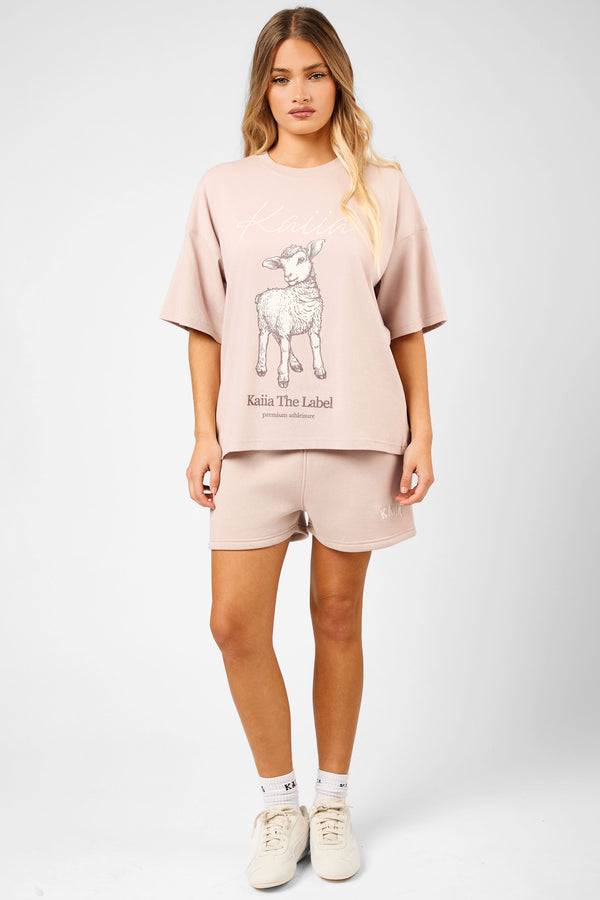 Kaiia Oversized Spring Lamb Graphic T-Shirt Champagne
