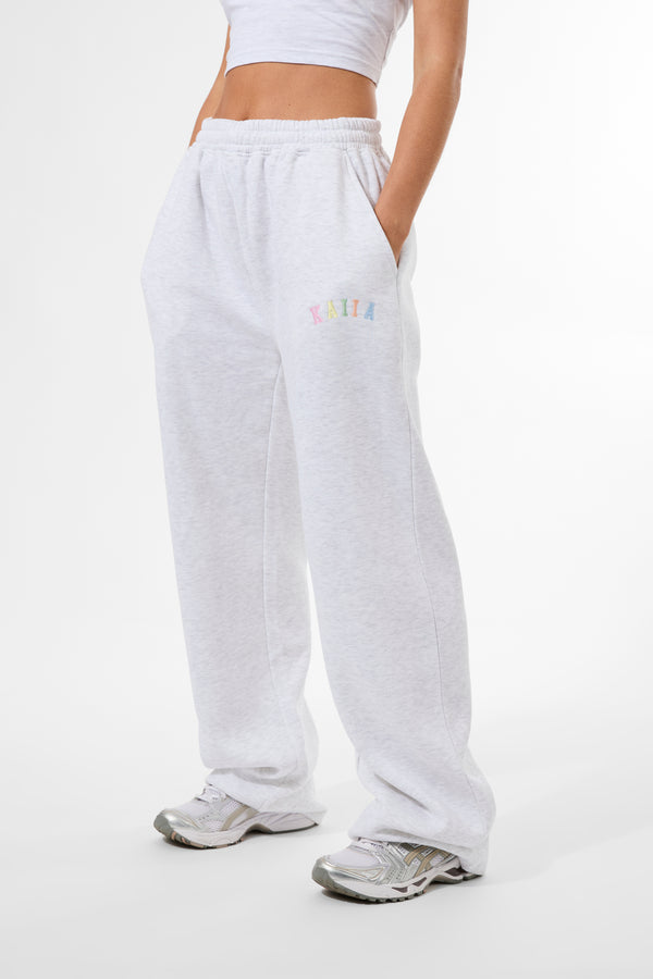 Kaiia Rainbow Logo Wide Leg Joggers Light Grey Marl