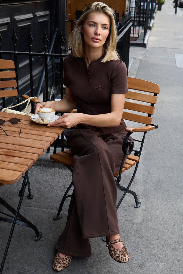 Kaiia Rib Button Up Top Bitter Chocolate