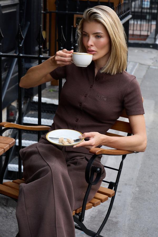 Kaiia Rib Button Up Top Bitter Chocolate