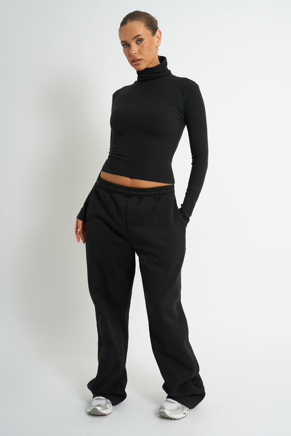 Kaiia Rib Roll Neck Long Sleeve Top Black