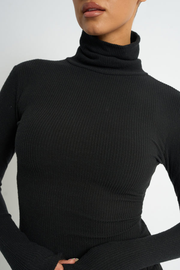 Kaiia Rib Roll Neck Long Sleeve Top Black