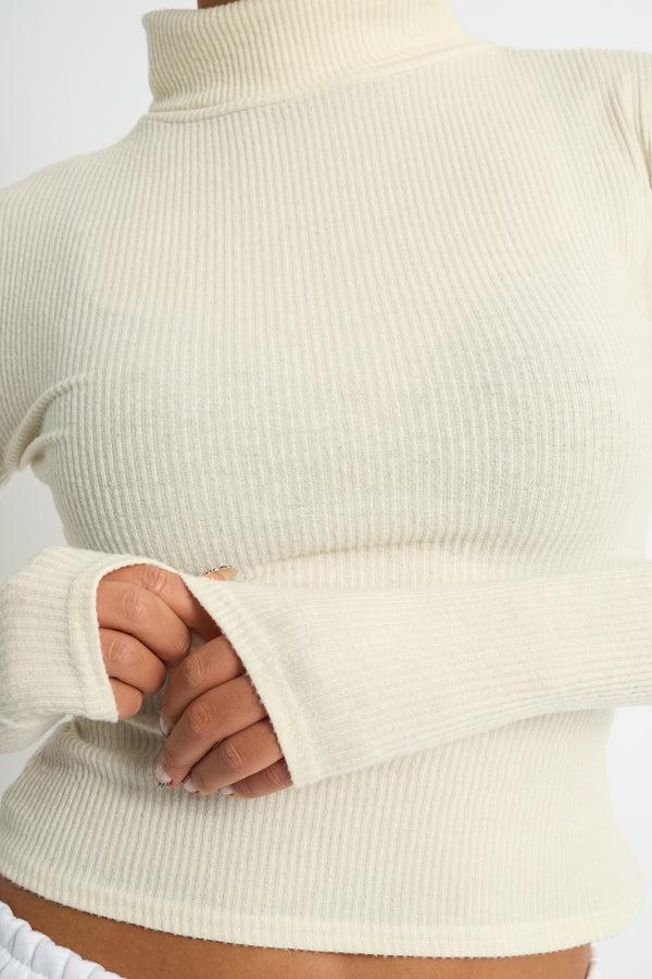 Kaiia Rib Roll Neck Long Sleeve Top Ivory